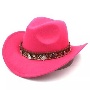 Hot Pink Western Cowgirl Cowboy Hat Men Women – Tribal Band Felt Wide Brim Rodeo